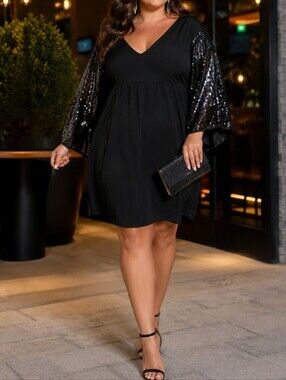 NWT Joe Fresh Black V-Neck Midi Dress Plus Size Sequin Bell Sleeves Cocktail